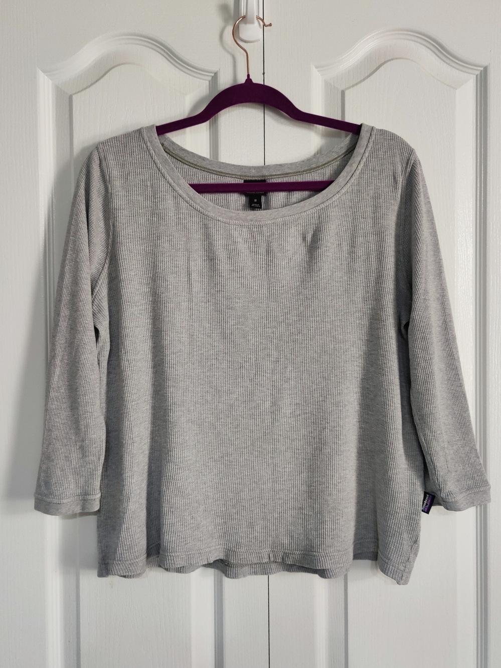 Patagonia Womens Medium Waffle Knit Pullover Top Thermal Layer Gray 3/4 Sleeve
